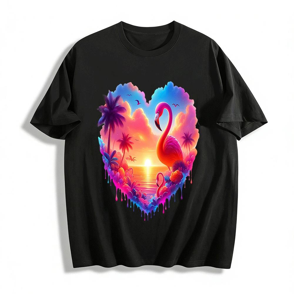 Gradient Flamingo Sunset Coconut Tree Vacation Print Tee Pure cotton T-shirt XXS