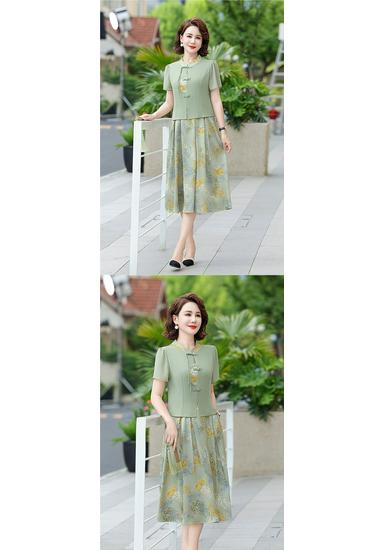 Elegant Summer Dress for Women 2026: Short Sleeve, Slimming Printed Skirt for Middle-Aged and Elderly Moms
