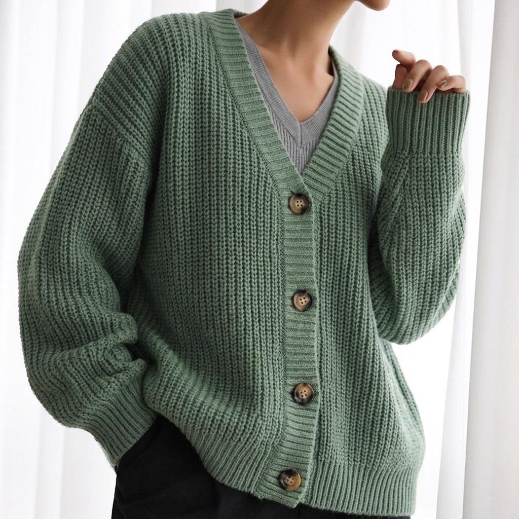 Women's Long-Sleeve V-Neck Cardigan: Solid Color, Single-Breasted, Loose Fit Knit Jacket for Autumn/Winter