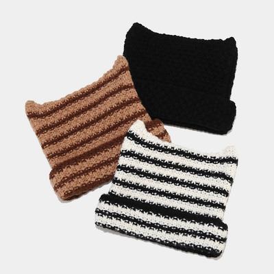 Teufelshörnchen gestreifte Wollmütze Damen Herbst und Winter Streetstyle süße und coole Strickmütze zum Warmhalten