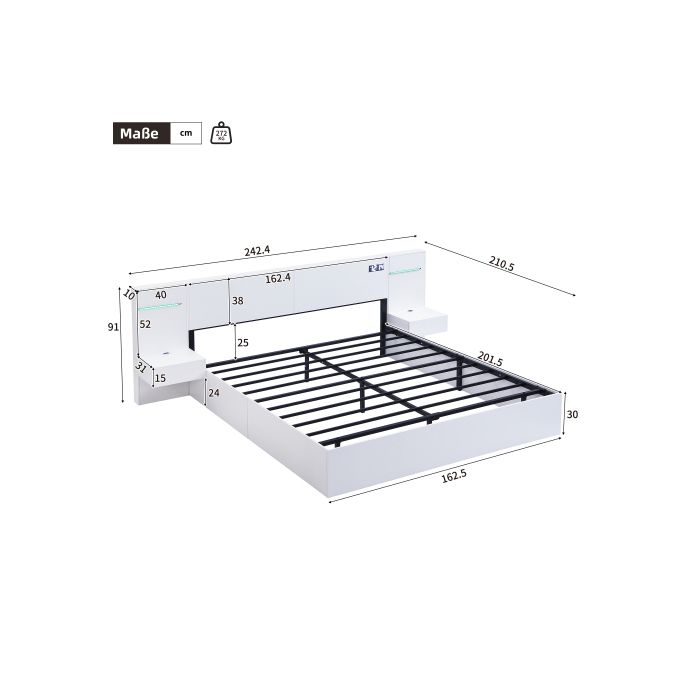 Doppelbett, 160*200 cm, aus Holz, mit USB-Anschluss, 2 Nachttische (ohne Schubladen), ohne Matratze, weiß