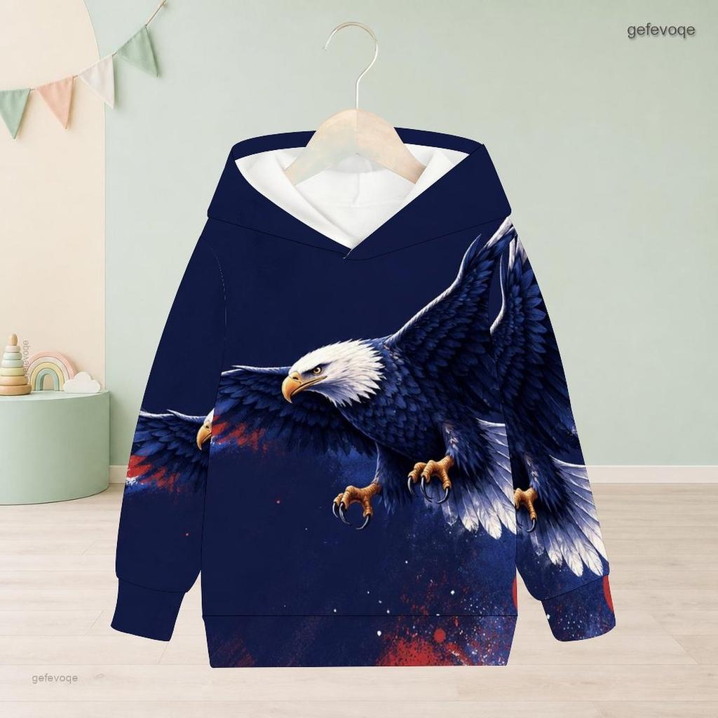 Girls Long Sleeve Hoodie Bald Eagle American Flag Printed Pullover