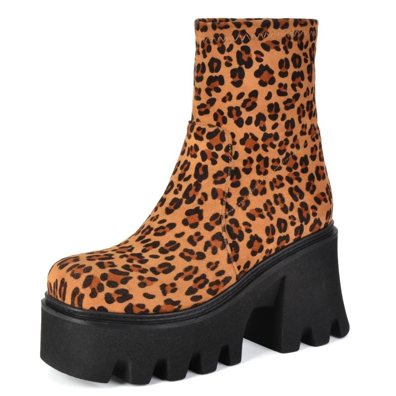Platformowe Damskie Botki do Kostki Punk Wysokie Obcasy But Motocyklowy Flock Czarny Leopard Jesień Zima Buty Imprezowe Damskie Duży Rozmiar