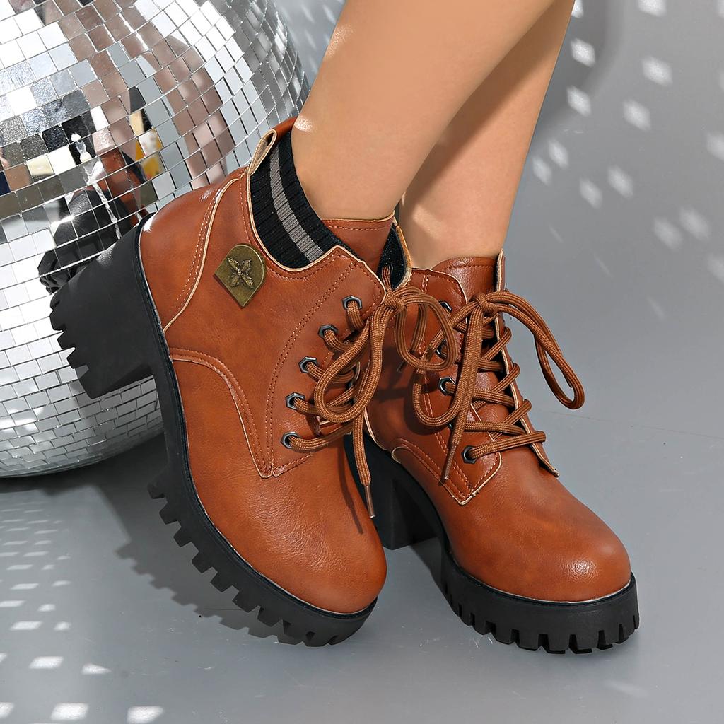 Women Boots Retro Round Toe Chunky Heels Ankle Boots Autumn New High Heels Shoes Woman Lace Up Platform Fur Big Size Short Boots