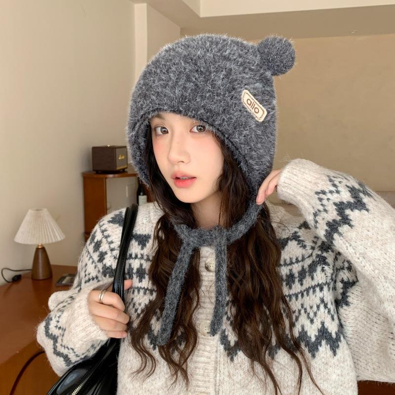Cute Bear Ears Knitted Plush Hat for Women Autumn and Winter Warm Ear Protection Bag Head Hat Large Head Circumference Casual Windproof
