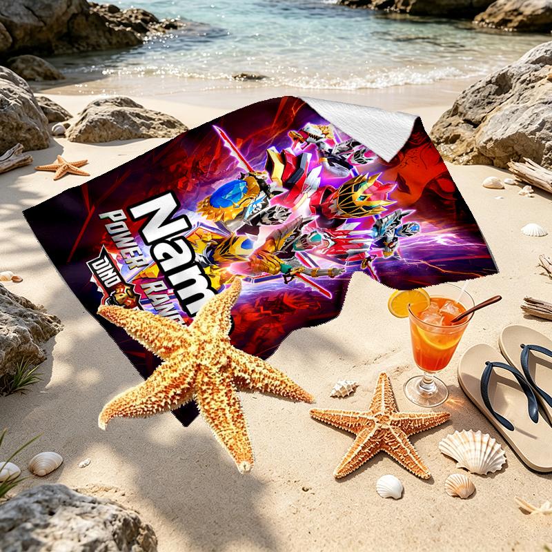 Custom Name Personalized Mighty Morphin Power Rangers Print Beach Towel, for Trip Camping Beach Party Home Decor, Birthday Gift for Family & Friends