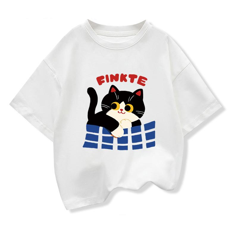 2026 New Cute Kitten Print 100% Cotton T Shirt for Kids Boys Girls Loose Fit Short Sleeve Soft Casual Summer Top 1-12 Years