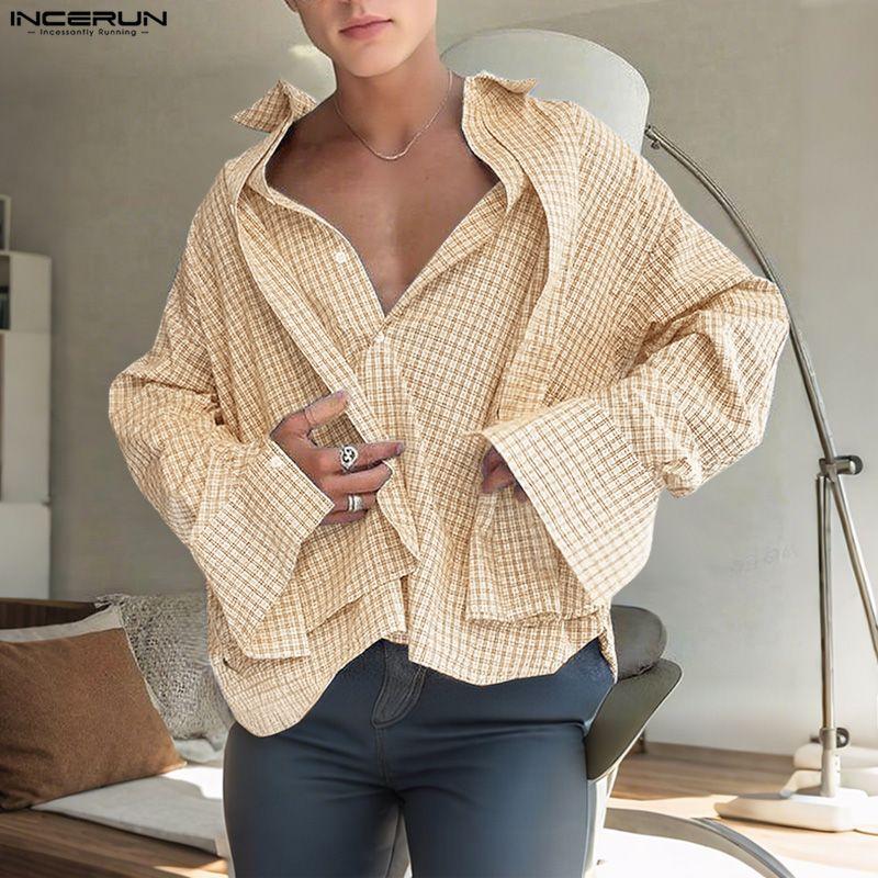 INCERUN Oversized Men Lapel Neck Long Sleeve Buttons Double Layers Casual Plaid Shirts