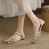 2025 summer bohemian retro one-word buckle with bag head woven sandals women's flat low-heeled hollowed-out Roman shoes