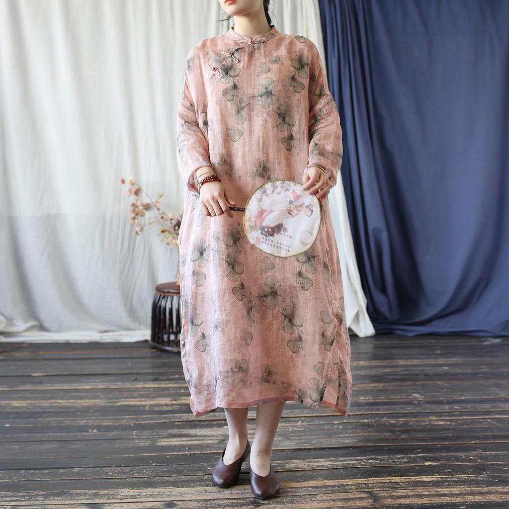 Johnature Vintage Women Dress Autumn Print Floral Stand Long Sleeve Button A-Line High Quality Dress