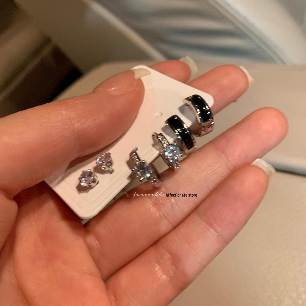 Dark Style Japanese & Korean Heart Stud Earrings & Ear Cuffs Set - Chic, Sweet, Trendy Six-Piece Jewelry for Cool, Spicy Girls