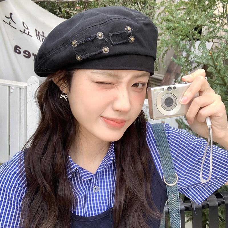 

Vintage washed beret women s spring summer Japanese versatile face small bud painter hat big head circumference hat One size чорний