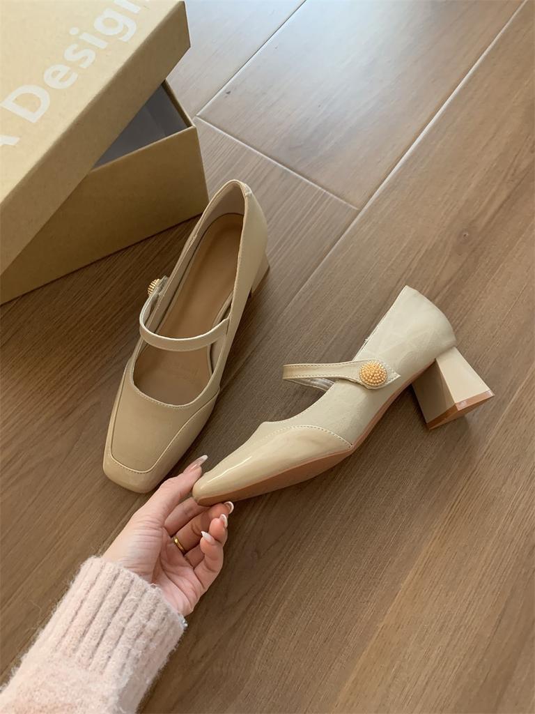 Sheepskin Version~ New Red Mary Jane Shoes, Light Mouth Thick Heel, One Word Velcro with Skirt, High Heels, Women's Single Shoes