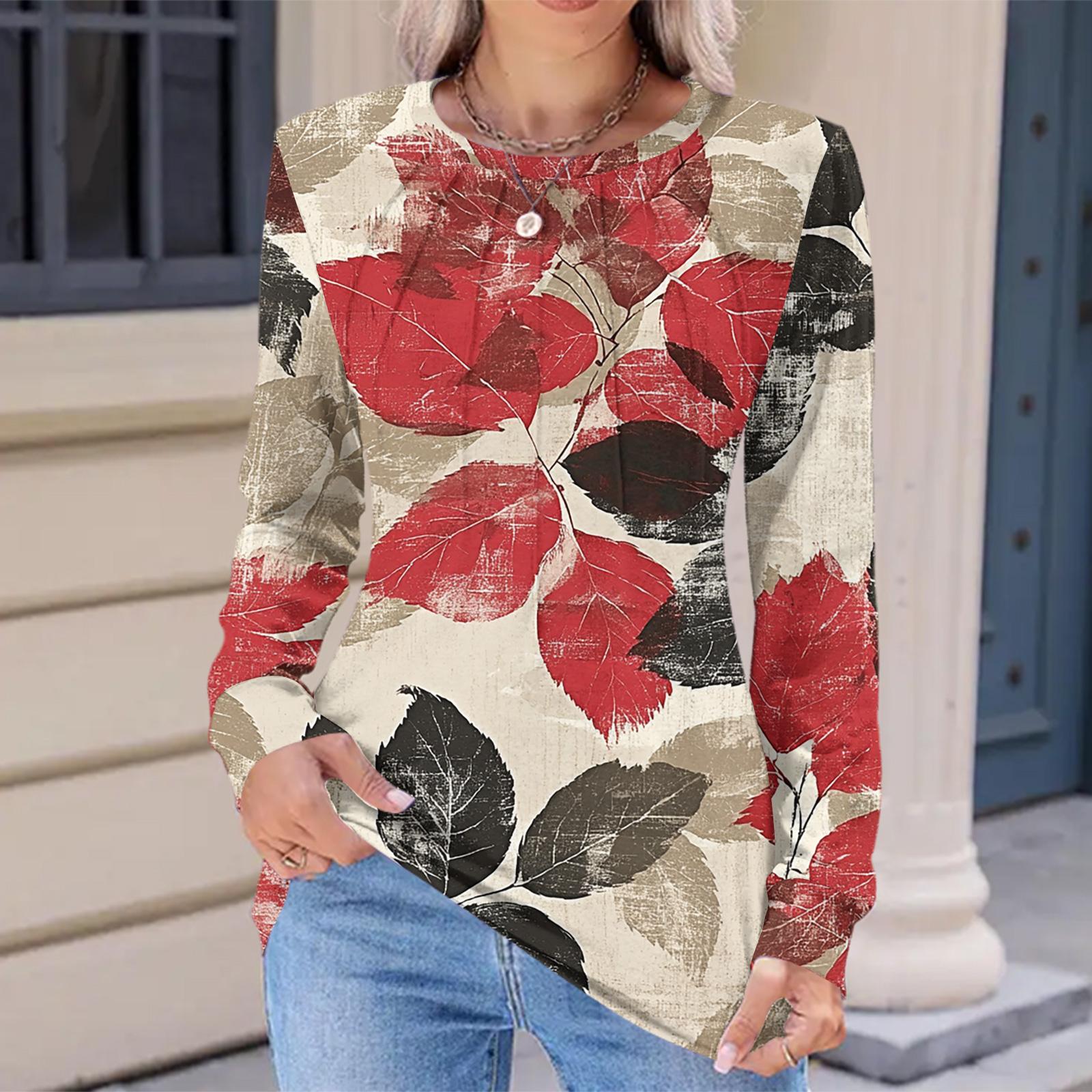 

Женская модная повседневная футболка с цветочным ретро-принтом, плиссированная, удобная, с круглым вырезом, свободная, с длинным рукавом XL красный