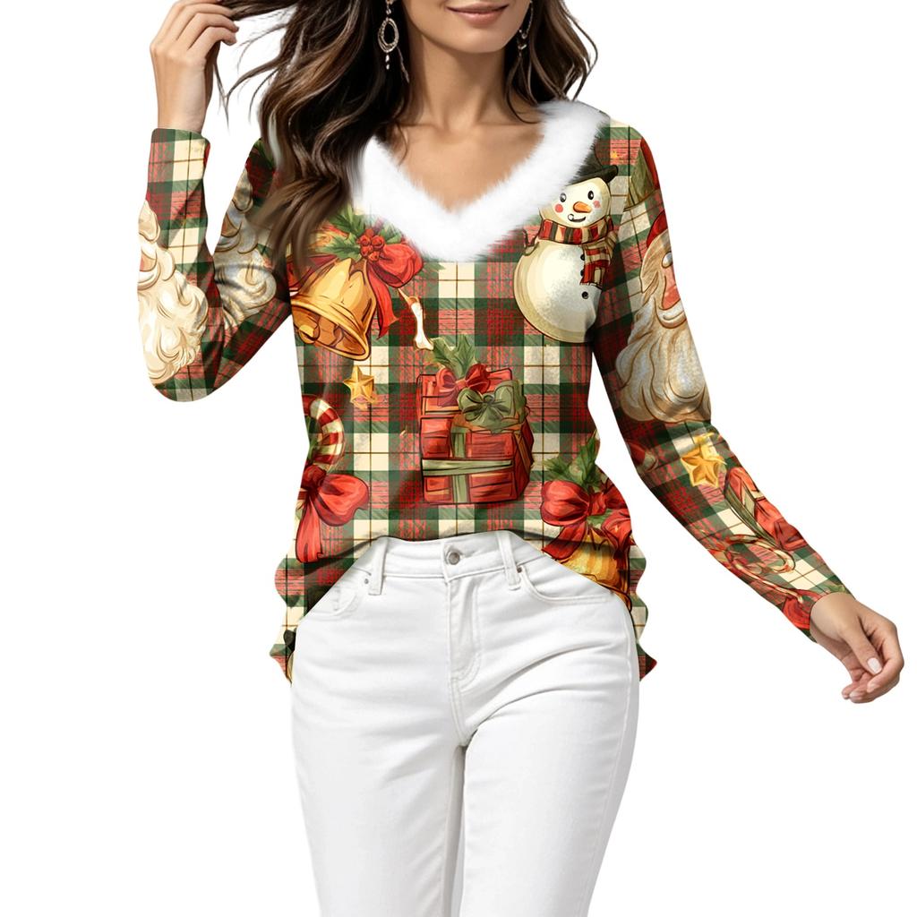 Women's Long Sleeve Christmas Print V-Neck Top with Plush Furry Collar Snowflake and Christmas Tree Design