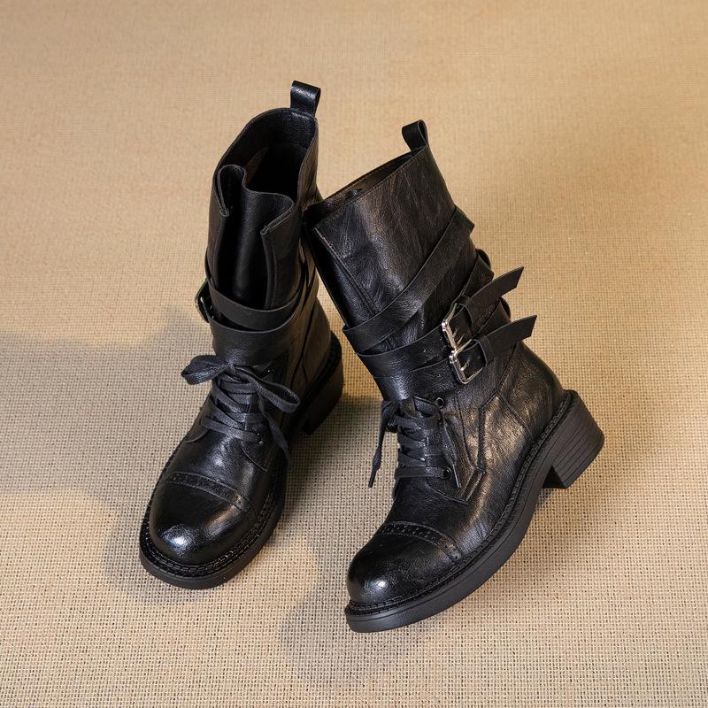 Retro thick-soled thick-heeled lace-up Martin boots for women's autumn and winter new mid-tube belt buckle locomotive boots