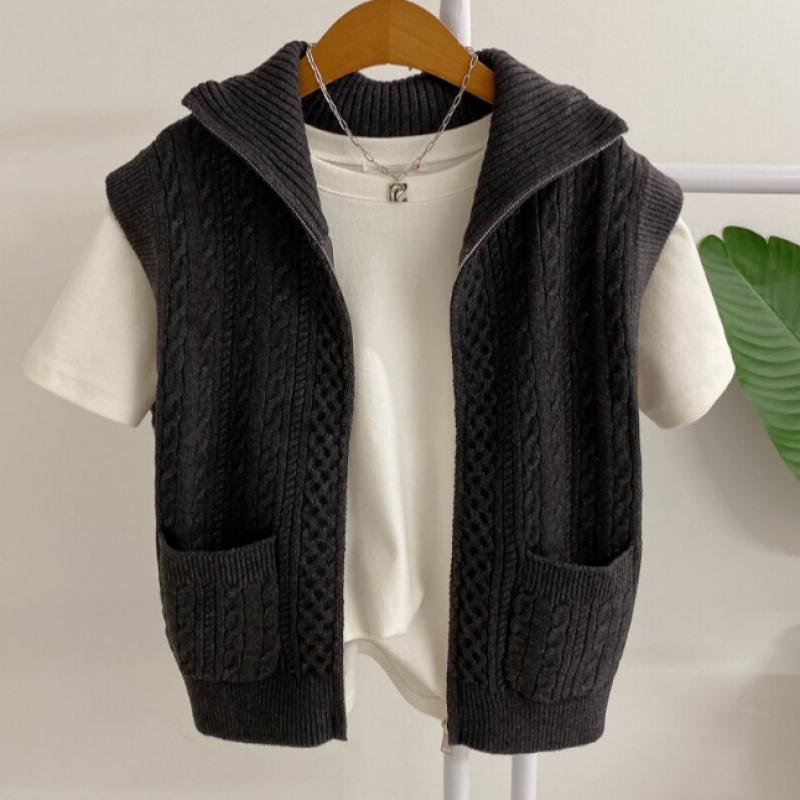 Honey J High Neck Cable Knit Zip Vest 3color