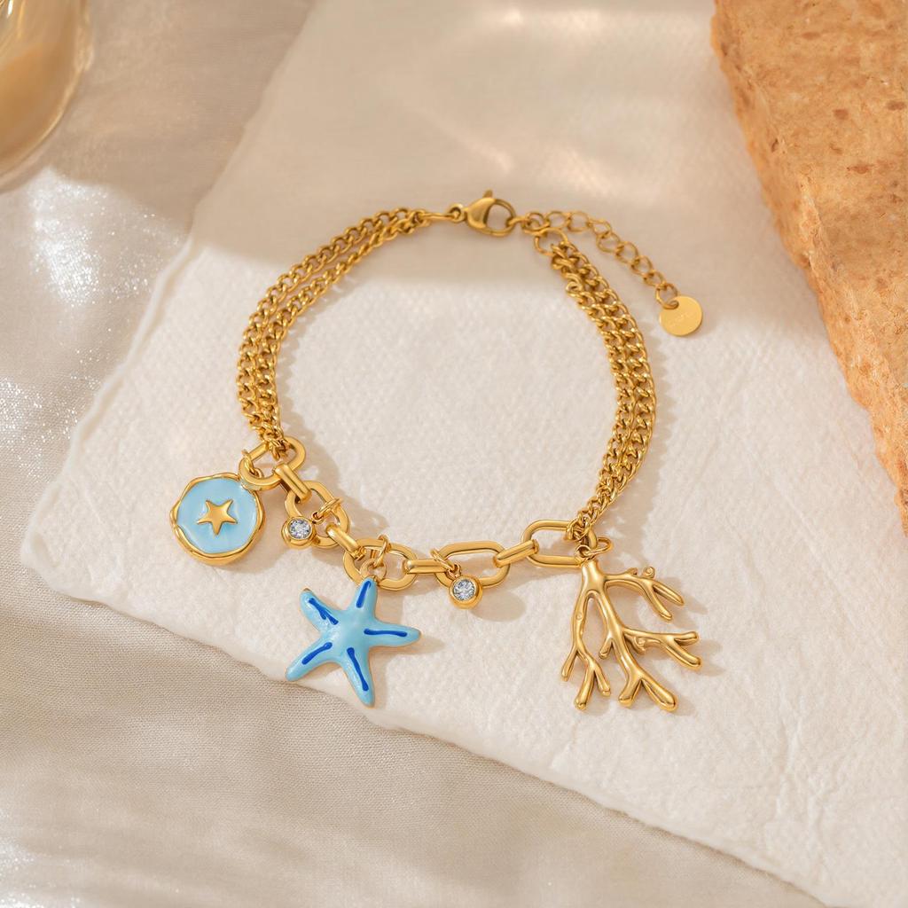 Stainless Steel Starfish & Pearl Shell Bracelet 