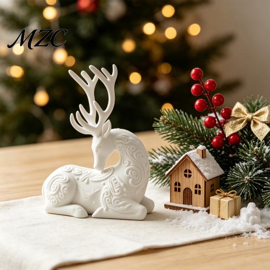 Durable PLA Crafts 3D Printed Deer Figurine, White Sitting Stag Sculpture with Antlers, Minimalist Room Decor Christmas Tabletop for Home Living