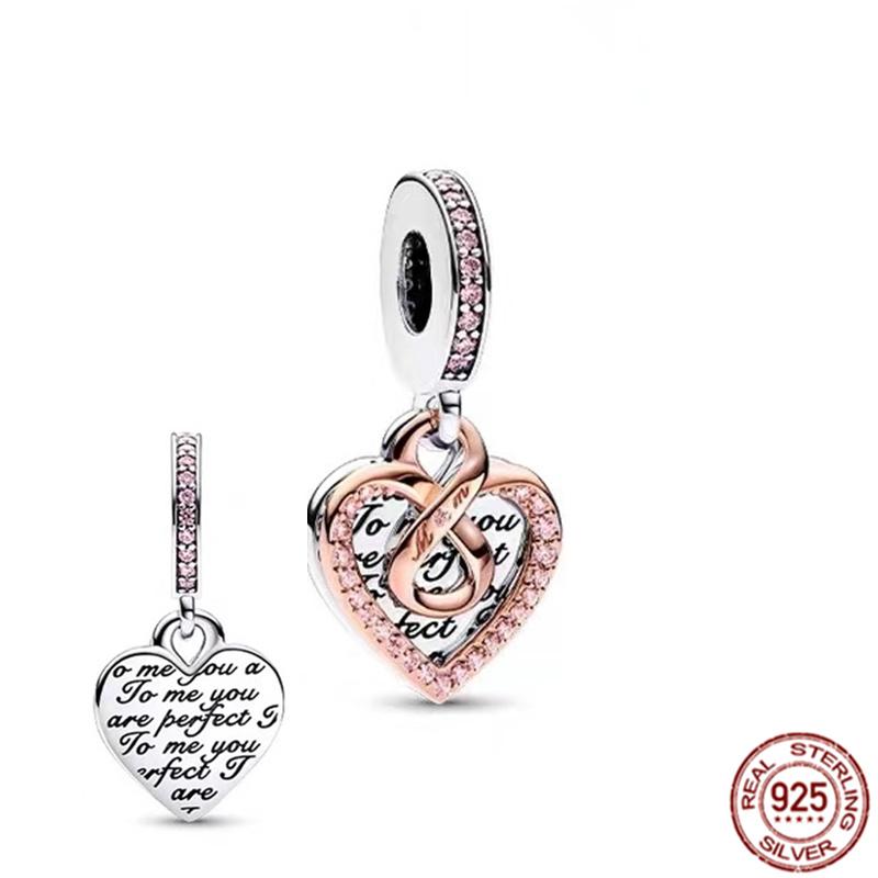 Fine S925 Sterling Silver Love You Mom Double Heart Split Dangle Charm Beads Fit Original  Bracelet DIY Women Jewelry Gift