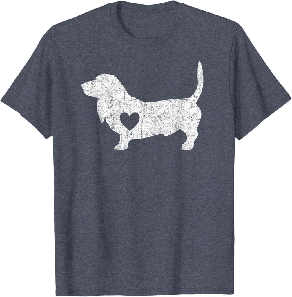 Basset Hound Heart Silhouette Distressed Graphic Tee Cotton Casual Short Sleeve T-Shirt for Men Women