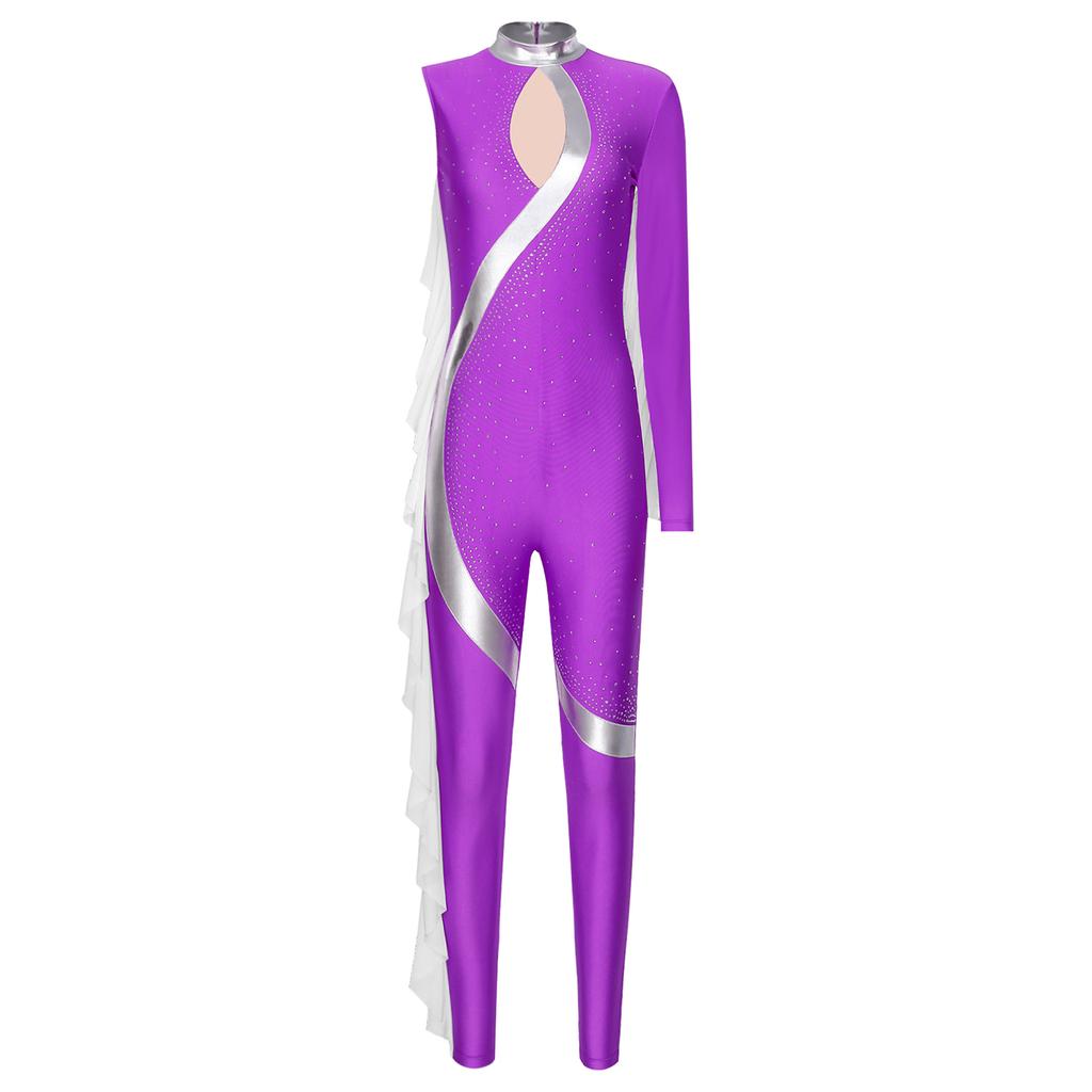 Dame Jumpsuit med metallisk fargeblokk Mock Neck Skinnende rhinsteiner Hel kroppsleotard Ytelse Danseklær