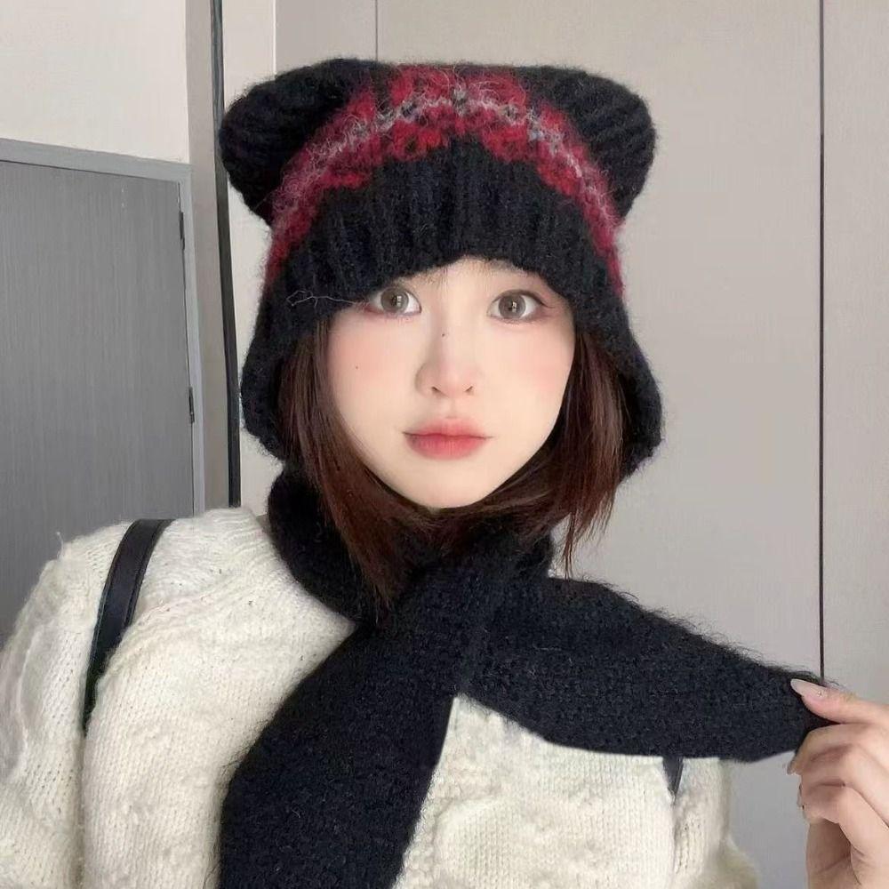 Ethnic Style Jacquard Knitted Hat Fair Isle Style Printing Knit Cap Cute Bear Ears Beanies  Outdoor