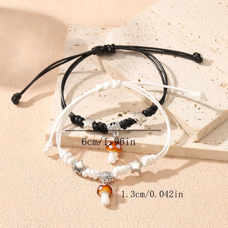 A pair of woven small mushroom couple bracelets, male and female student girlfriends, purely handmade jewelry.