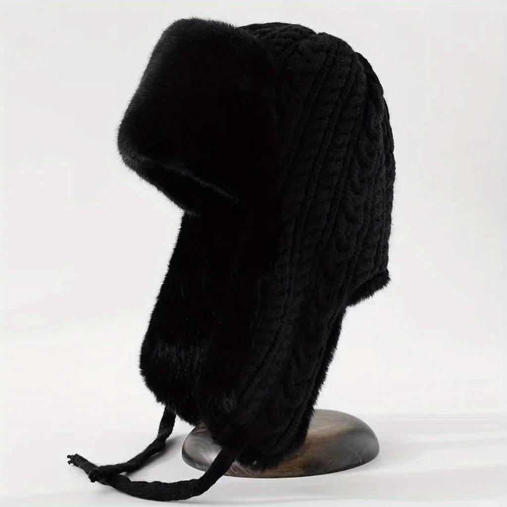 Women'S Knit Hat With Extended Ear Flaps - Windproof Winter Cap For Cycling Korean Style Thickened Tie-Fastened Design