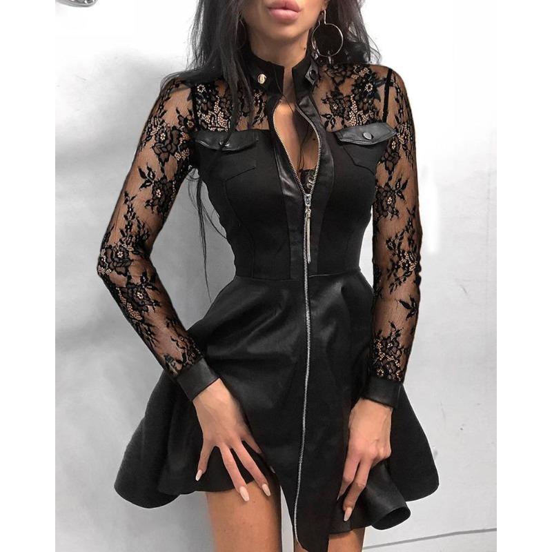 Damenmode Frühling Herbst Einfarbiger Druck Langarm Quadratischer Kragen Hohe Taille Freizeitkleider