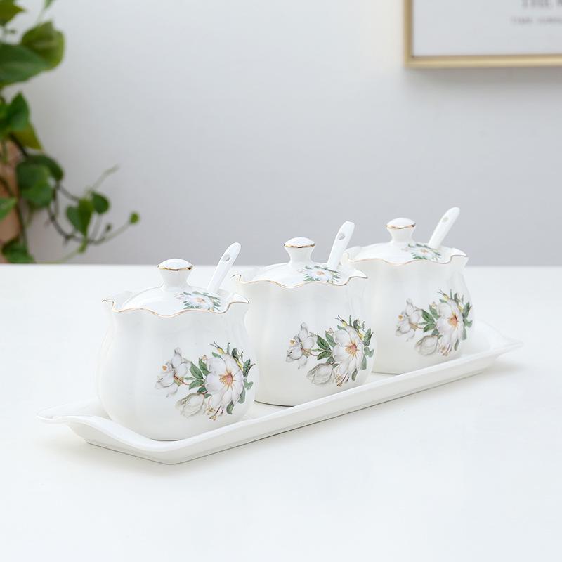 Lotus Ceramic Condiment Jar Set for Salt, Sugar, Soy Sauce, and Vinegar