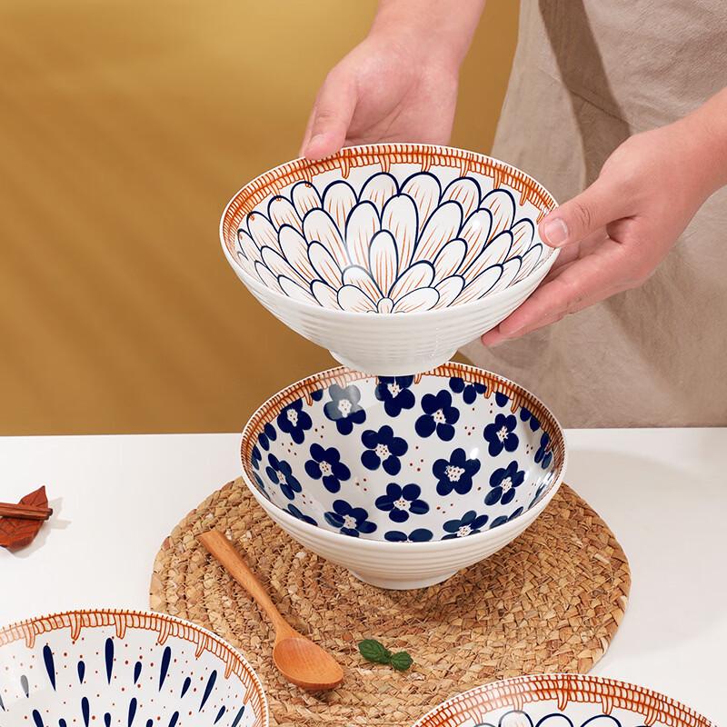 ZISIZ Underglaze Ceramic Noodle & Soup Bowls, 4-Piece Set