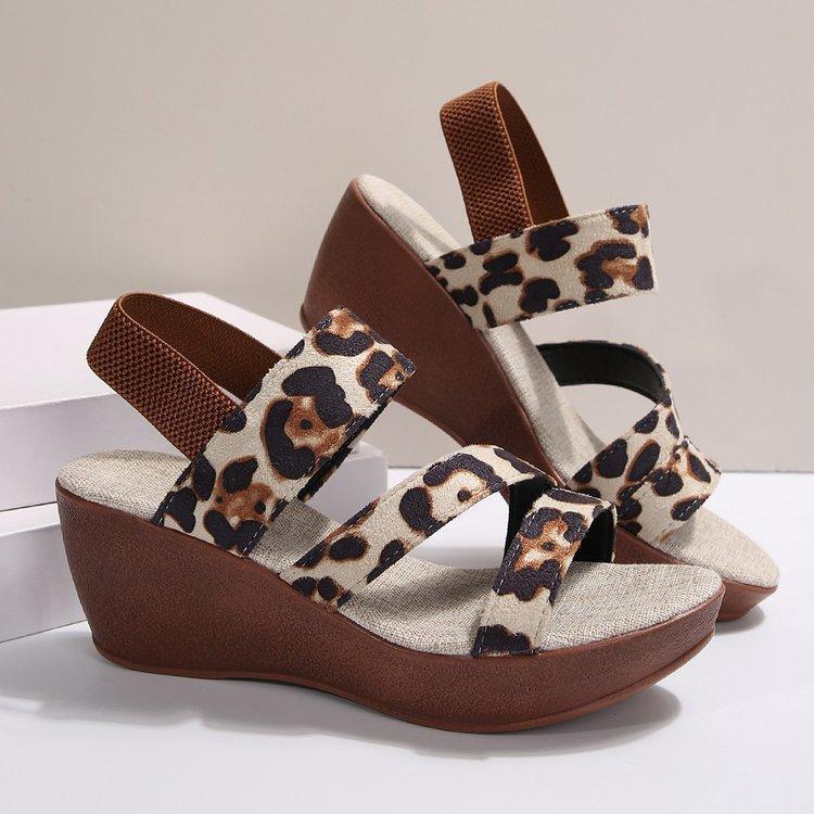 Large size one-word sandals with fish mouth summer new leopard print platform out beach sandals women