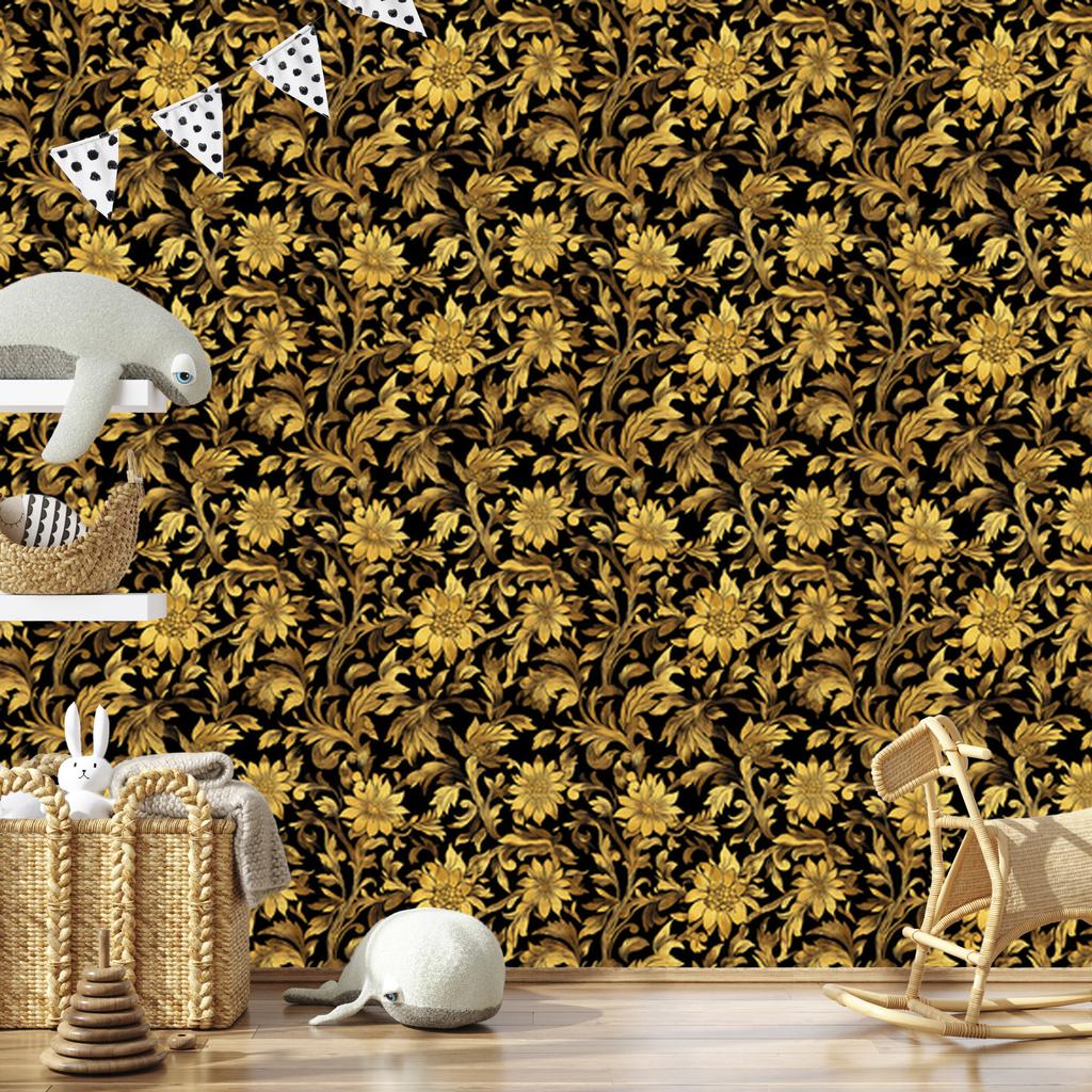 Golden Hibiscus Ochre Wallpaper, Ochre Background for Living Room and Bedroom 50x1000