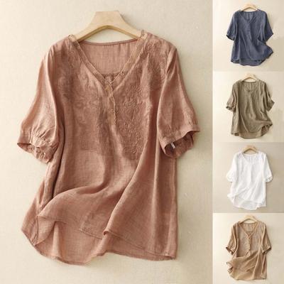 Vintage Baumwollleinenbluse für Damen Sommer Dünnes V-Ausschnitt Kurzarmhemd Lässiger Lockerer Pullover Blusas Top Boho T-Shirt Streetwear