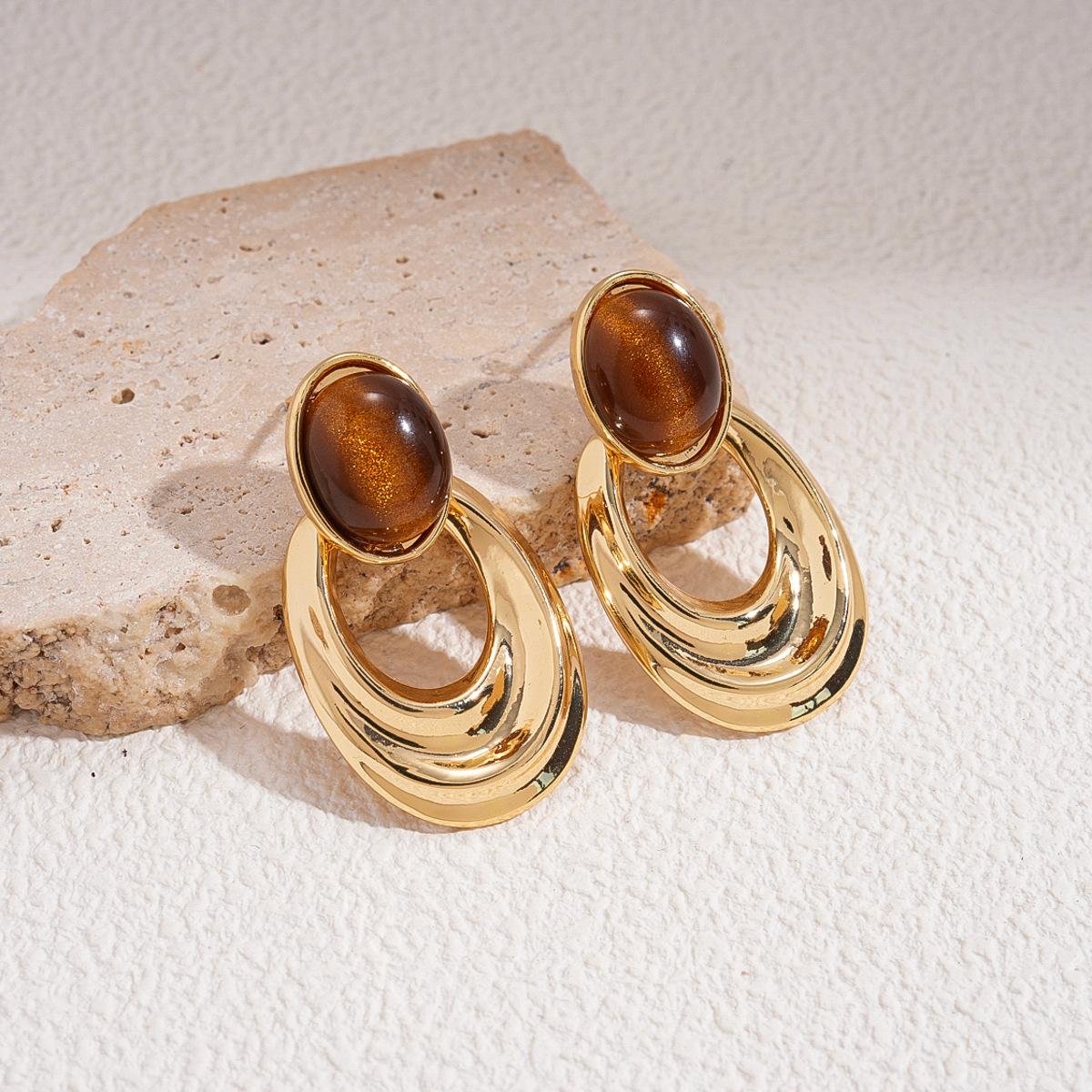 Real gold tiger s eye stone oval silver needle stud earrings Maillard temperament earrings