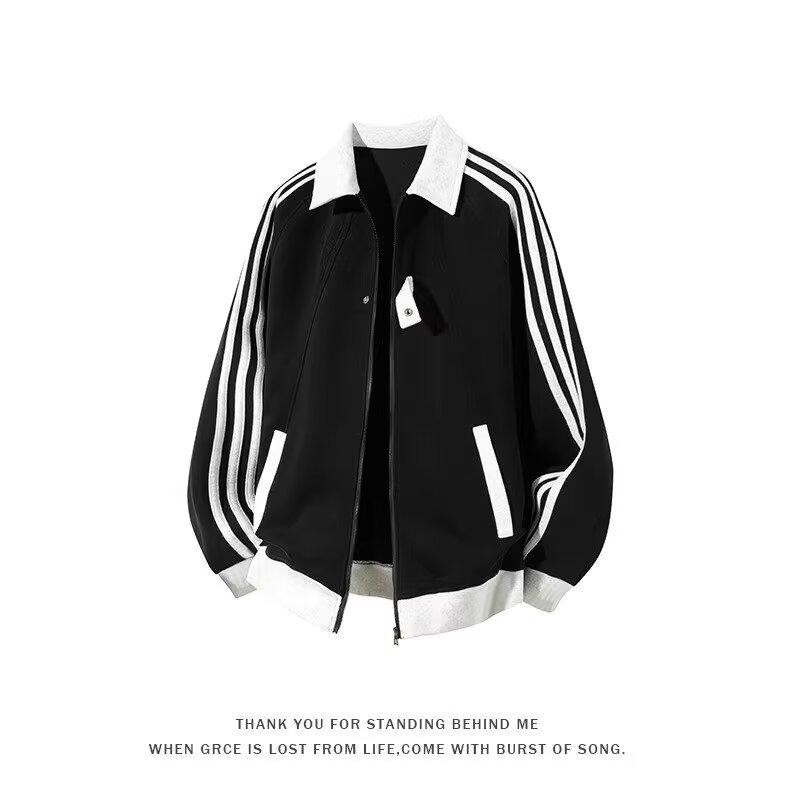 Men's Striped Varsity Jacket Color Block Zip Up Sweatshirt Couple Coat