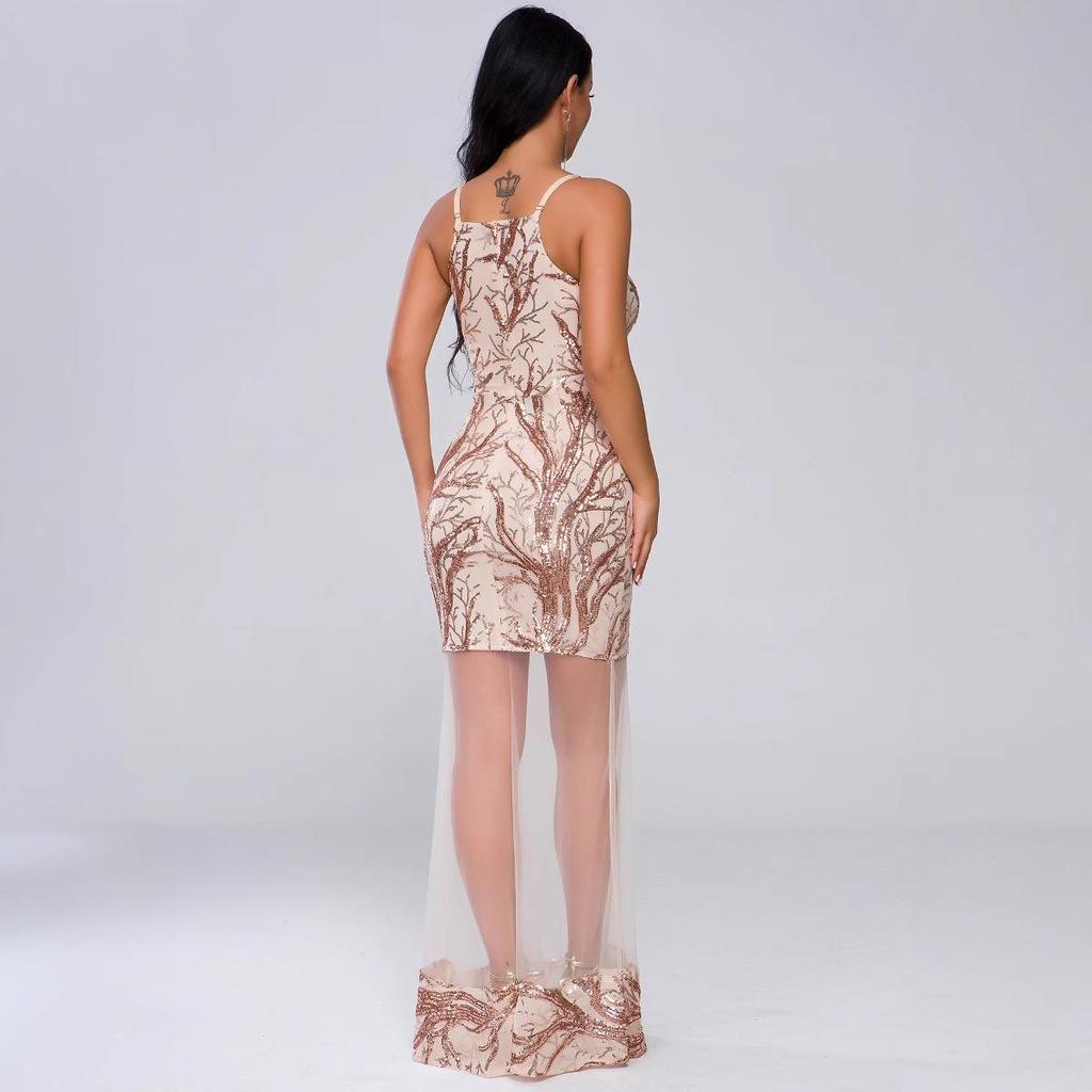 Elegant Sequin V-Neck Backless Mesh Evening Dress