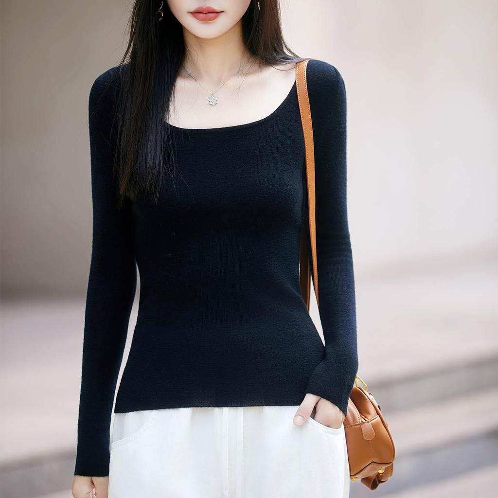 Damen Einfarbiger Schmaler Woll-Cardigan: Einfaches Strickoberteil mit U-Ausschnitt