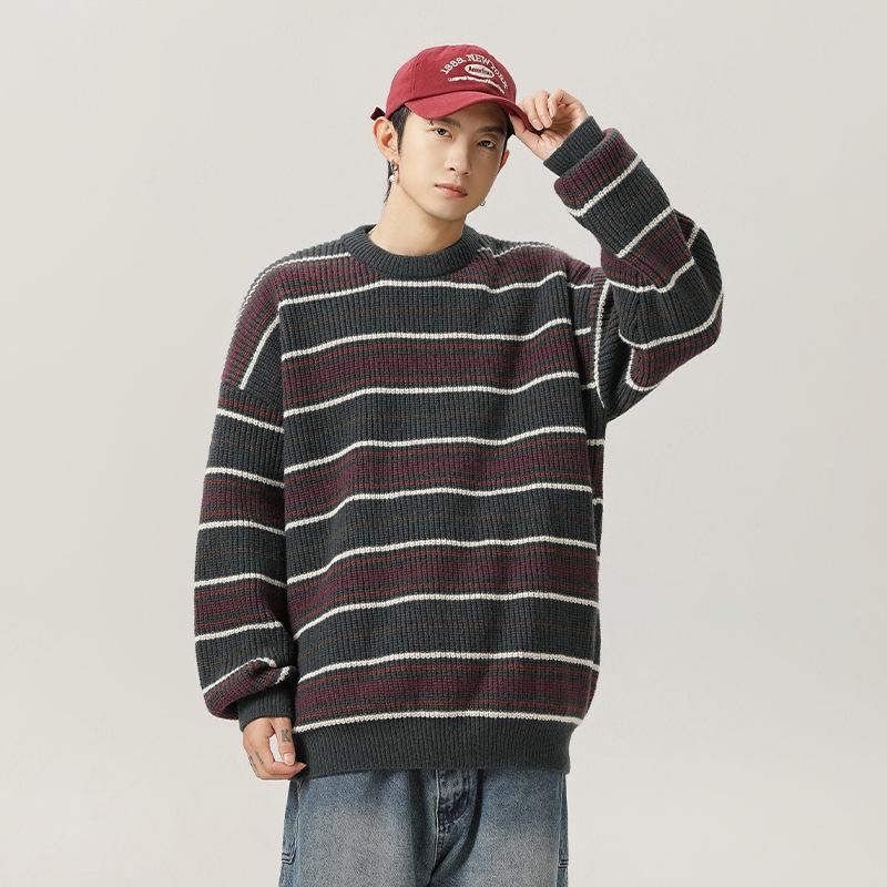 Suéter de Hombre Vintage a Rayas Cuello Redondo Otoño Invierno Holgado Relajado Jersey Tejido