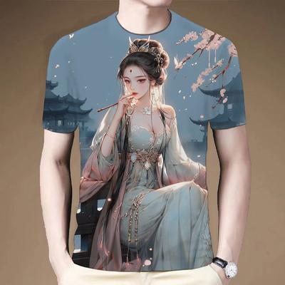 2024 Summer New 3D Printed Ancient Style Beauty Charm Beauty Casual Fashion Round Neck T-shirt