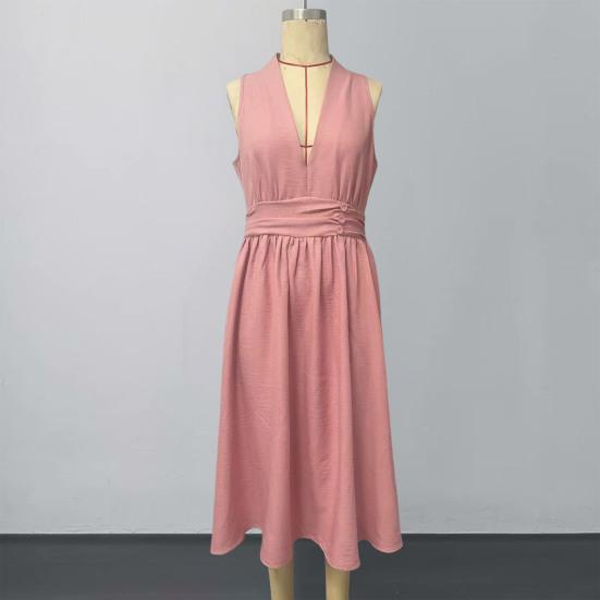Yousheng Summer Women Sleeveless Long Dress, Deep V Neck Slim Waist Ruffle Swing Dress, Solid Color Casual Ankle Length Maxi