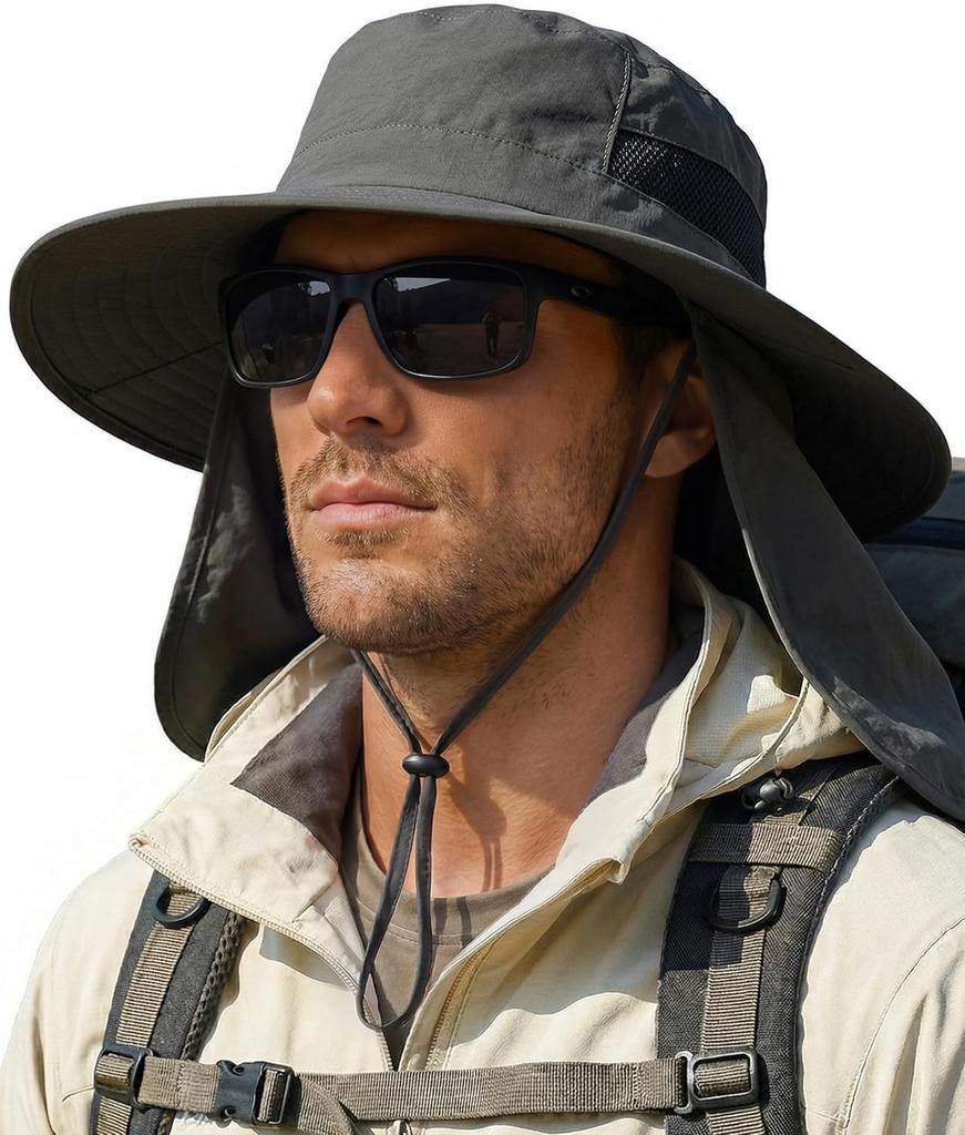 Men's Wide Brim Sun Hat with Neck Flap for Fishing Hiking UV Protection
