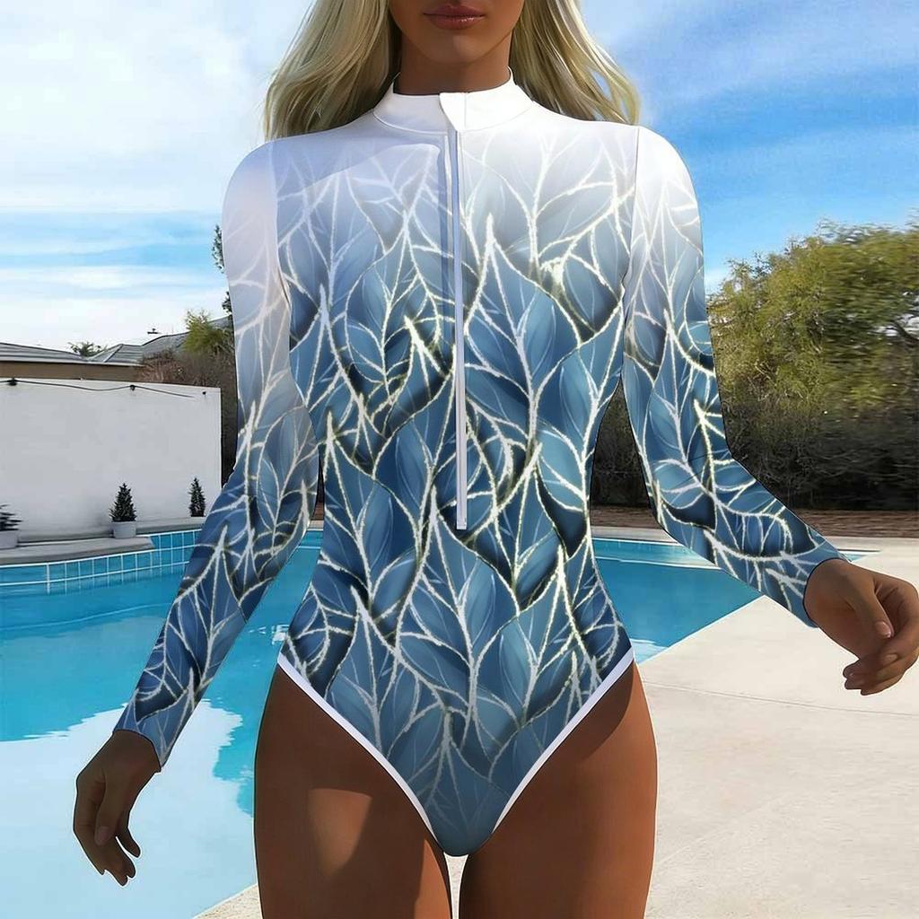 Women Long Sleeve One Piece Swimsuit Zip Front Plant Print Rash Guard Surfing Bathing Suit