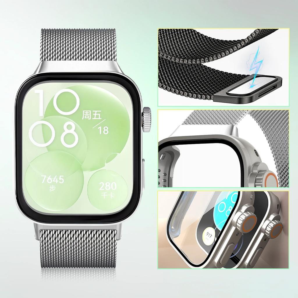 Glass Case+Milanese Loop For Huawei Watch Fit 3 Stainless Steel Magnetic Bracelet For Huawei Watch Fit 3 Screen Protector Case