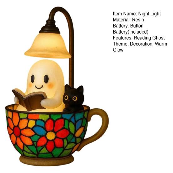 Reading Ghost Cat Night Light Halloween Black Cat White Ghost Cup Lamp Home Bedroom Kids Room Decoration Book Lovers Gift