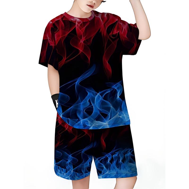 Summer Outfit Blue Flame Print Short Sleeve T-Shirt + Shorts Set Black Casual Sportswear Kids Streetwear Tracksuit