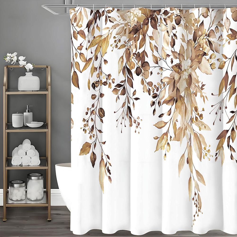 Brown Eucalyptus Leaf Shower Curtain, Watercolor Tan Botanical Floral Bathroom Decorative Shower Curtain, Waterproof Shower Cur