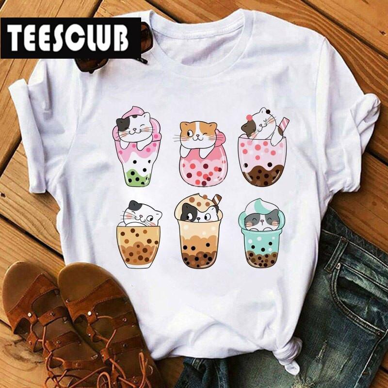 Milk Tea Cat Print Bubble Tea Animal TShirt Unisex Couple Trendy Personalized Womens Clothing Soft Cotton Short Sleeve Tshirt