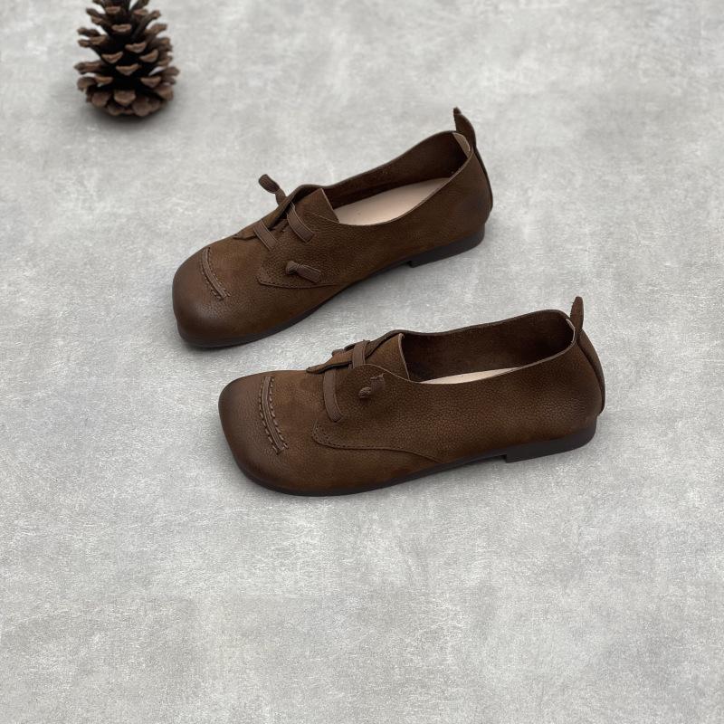 Retro Round-toed Comfortable and Elastic Top Layer Cowhide Casual and Versatile Soft Cowhide Women's Shoes